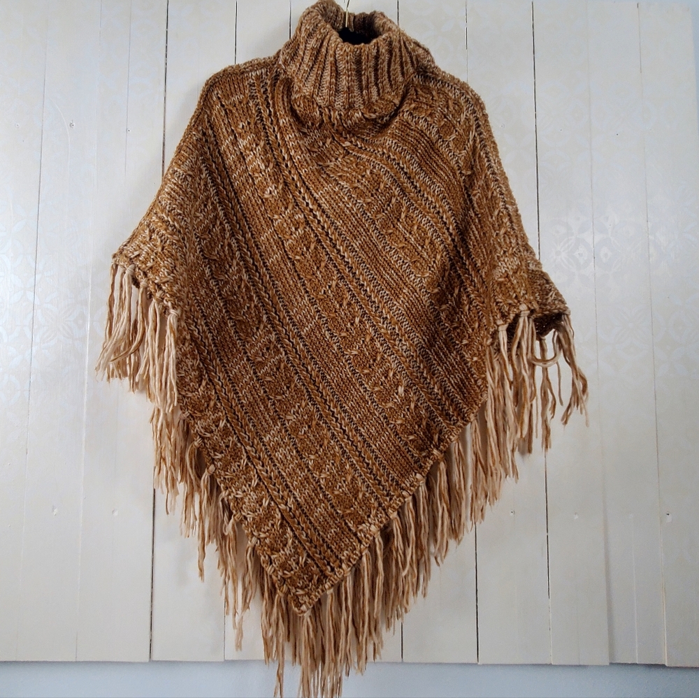 Cream Brown Cable Knit Poncho